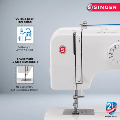 Singer 1409 Electric Sewing Machine -Built-in Stitches 9 and 22 stitch functions with 70wt Powerful motor & Feed dog with106 Teeth in 6 Rows (White) – Get Free Online Interactive Master Class 