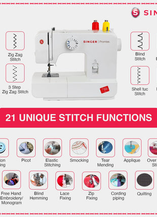 Singer Promise 1408 Zig-Zag Sewing Machine, 8 Built-in Stitches, 24 Stitches Functions with 70W Powerful motor & Feed dog with106 Teeth in 6 Rows (White)-Get Free Online Interactive Master Class 