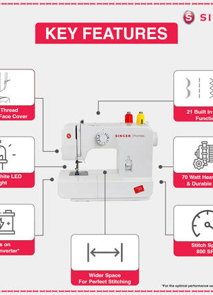 Singer Promise 1408 Zig-Zag Sewing Machine, 8 Built-in Stitches, 24 Stitches Functions with 70W Powerful motor & Feed dog with106 Teeth in 6 Rows (White)-Get Free Online Interactive Master Class 