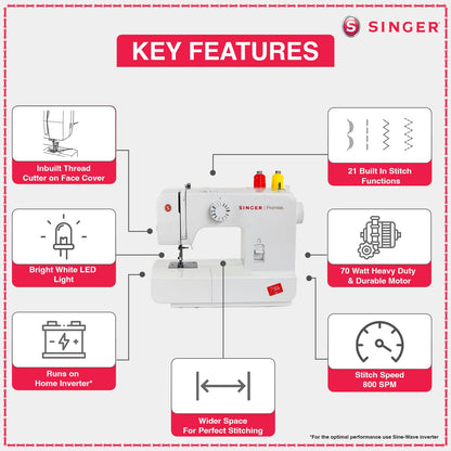 Singer Promise 1408 Zig-Zag Sewing Machine, 8 Built-in Stitches, 24 Stitches Functions with 70W Powerful motor & Feed dog with106 Teeth in 6 Rows (White)-Get Free Online Interactive Master Class 