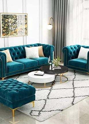 Sky Rise Decor Modern Classic 5 Seater Fabric & Valvet Tufted 3+1+1 Footrest Chesterfield Sofa Living Room and Office (Teal Green) 