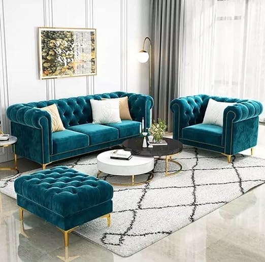 Sky Rise Decor Modern Classic 5 Seater Fabric & Valvet Tufted 3+1+1 Footrest Chesterfield Sofa Living Room and Office (Teal Green) 