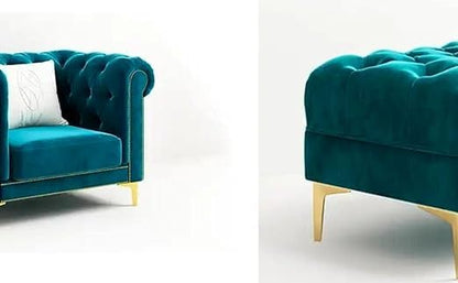 Sky Rise Decor Modern Classic 5 Seater Fabric & Valvet Tufted 3+1+1 Footrest Chesterfield Sofa Living Room and Office (Teal Green) 