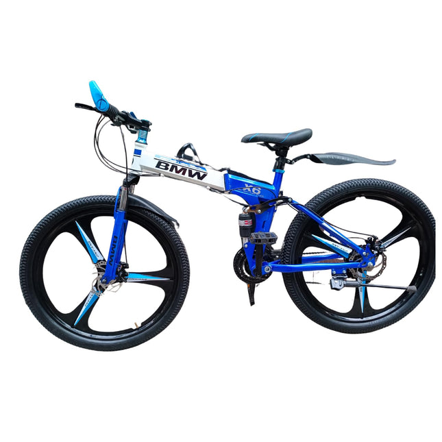 Skyride BMV X6 Cycle 6 Spoke Blue & White Foldable Bicycle with 21 Speed Gear with Dual Disc Brake Carbon Frame Suspension for Men 26 inch Wheel Size 