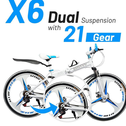 Skyride BMV X6 Foldable Cruiser Bicycle | 26-Inch White Bike with 21-Speed Gears, Dual Disc Brakes, Hydraulic Suspension, and Strong Carbon Steel Frame | Great for City Rides and Off-Road Adventures 