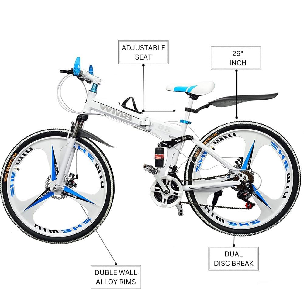 Skyride BMV X6 Foldable Cruiser Bicycle | 26-Inch White Bike with 21-Speed Gears, Dual Disc Brakes, Hydraulic Suspension, and Strong Carbon Steel Frame | Great for City Rides and Off-Road Adventures 
