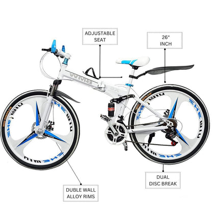 Skyride BMV X6 Foldable Cruiser Bicycle | 26-Inch White Bike with 21-Speed Gears, Dual Disc Brakes, Hydraulic Suspension, and Strong Carbon Steel Frame | Great for City Rides and Off-Road Adventures 