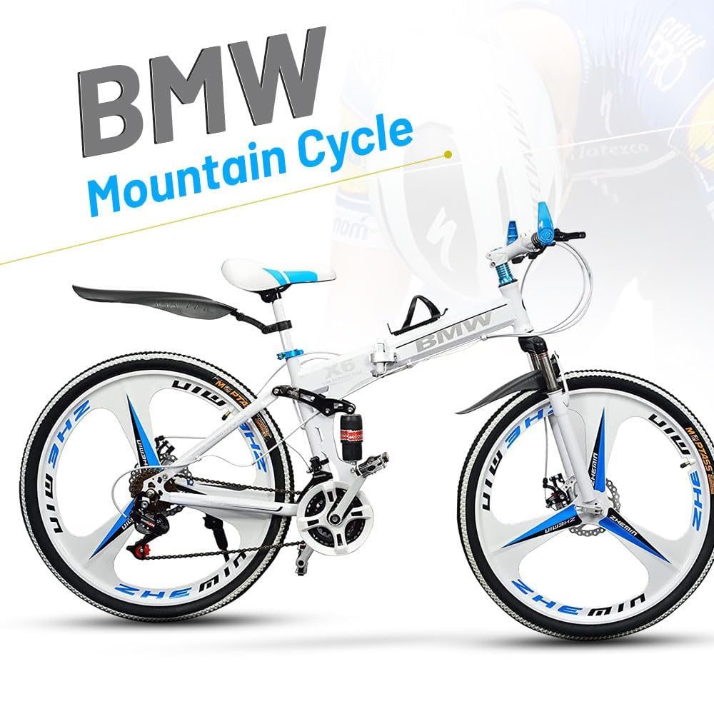 Skyride BMV X6 Foldable Cruiser Bicycle | 26-Inch White Bike with 21-Speed Gears, Dual Disc Brakes, Hydraulic Suspension, and Strong Carbon Steel Frame | Great for City Rides and Off-Road Adventures 