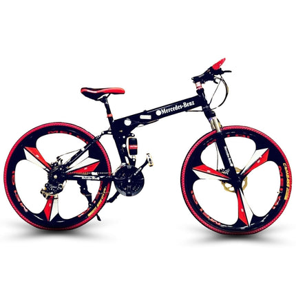 Skyride Unisex Foldable Mountain Bike with 21-Speed Gear | Carbon Steel Frame Folding Bicycle with Dual Disc Brakes | 3-Spoke Wheel Cycle | Black & Red 