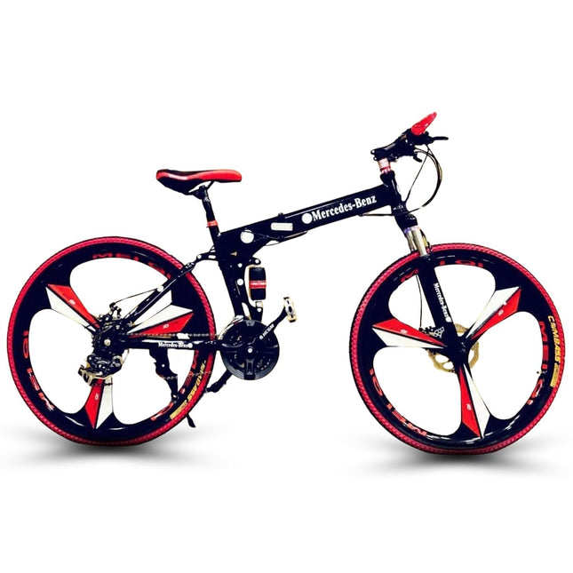 Skyride Unisex Foldable Mountain Bike with 21-Speed Gear | Carbon Steel Frame Folding Bicycle with Dual Disc Brakes | 3-Spoke Wheel Cycle | Black & Red 