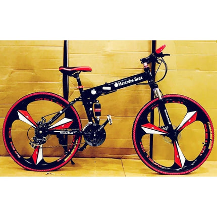 Skyride Unisex Foldable Mountain Bike with 21-Speed Gear | Carbon Steel Frame Folding Bicycle with Dual Disc Brakes | 3-Spoke Wheel Cycle | Black & Red 