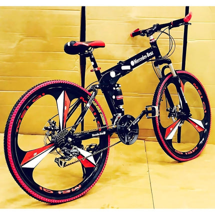 Skyride Unisex Foldable Mountain Bike with 21-Speed Gear | Carbon Steel Frame Folding Bicycle with Dual Disc Brakes | 3-Spoke Wheel Cycle | Black & Red 