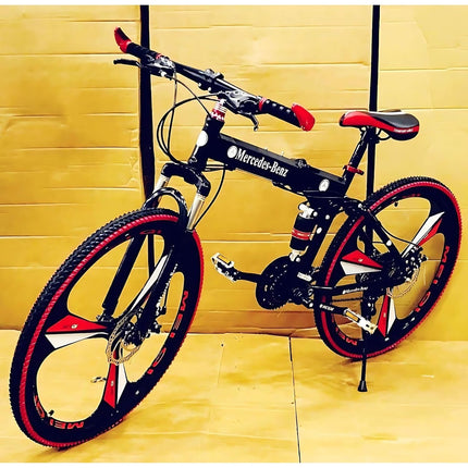 Skyride Unisex Foldable Mountain Bike with 21-Speed Gear | Carbon Steel Frame Folding Bicycle with Dual Disc Brakes | 3-Spoke Wheel Cycle | Black & Red 