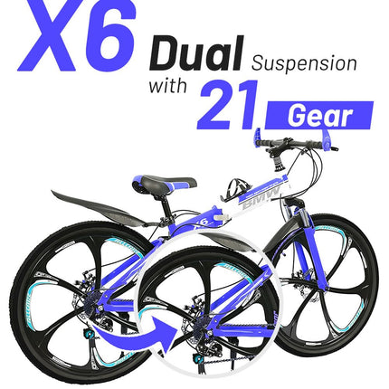 Skyride X6 Foldable Cycle With 21 Speed Gear, Dual Disc Brake, Carbon Frame Suspension Bicycle for Men, 26-Inch Wheel Size (Blue) Cruiser Bike 