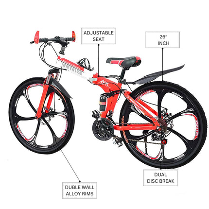 Skyride X6 Foldable Cycle With 21 Speed Gear, Dual Disc Brake, Carbon Frame Suspension Bicycle for Men, 26-Inch Wheel Size (Red) Cruiser Bike 