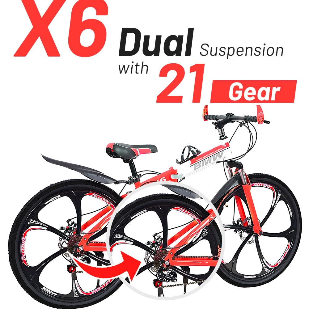 Skyride X6 Foldable Cycle With 21 Speed Gear, Dual Disc Brake, Carbon Frame Suspension Bicycle for Men, 26-Inch Wheel Size (Red) Cruiser Bike 