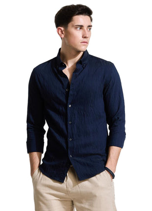 Snitch Men Cotton Blend Slim Fit Navy Casual Textured Shirts, 2XL 