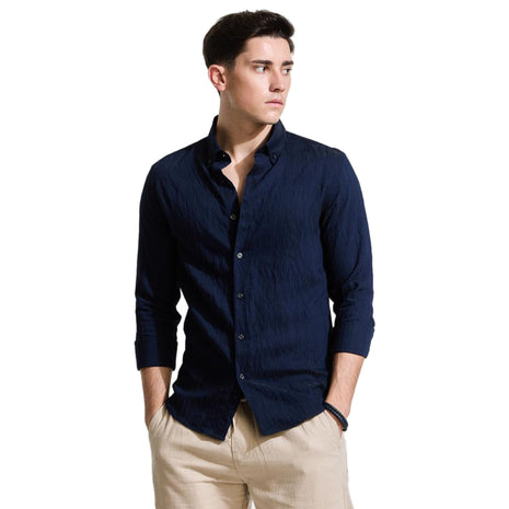 Snitch Men Cotton Blend Slim Fit Navy Casual Textured Shirts, 2XL 