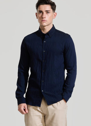 Snitch Men Cotton Blend Slim Fit Navy Casual Textured Shirts, 2XL 