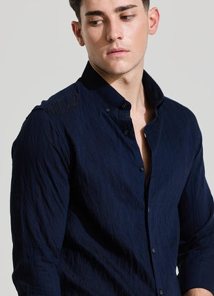 Snitch Men Cotton Blend Slim Fit Navy Casual Textured Shirts, 2XL 