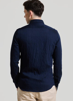 Snitch Men Cotton Blend Slim Fit Navy Casual Textured Shirts, 2XL 