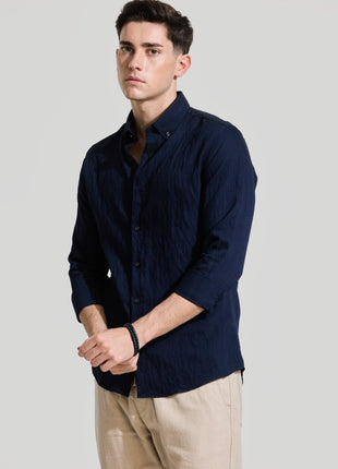 Snitch Men Cotton Blend Slim Fit Navy Casual Textured Shirts, 2XL 