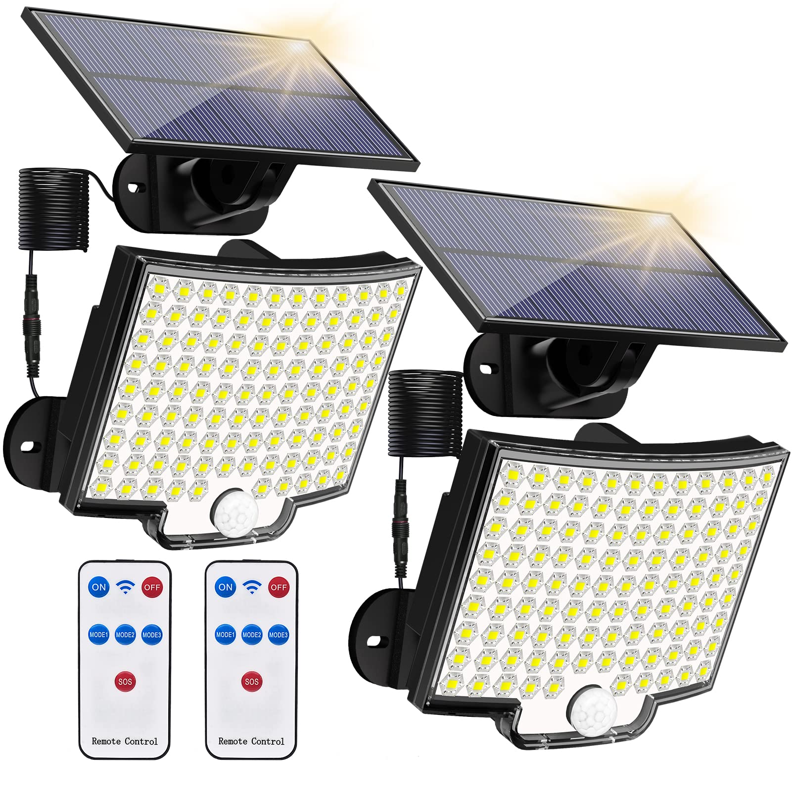 Solar Lights Outdoor, 106 LED 3000LM Solar Powered Motion Sensor Flood Lights with Remote, Dusk to Dawn Led Solar Security Wall Lights with 16.5Ft Cable IP65 Waterproof for Outside, Garage, 2 Pack 