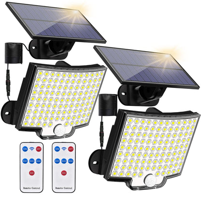 Solar Lights Outdoor, 106 LED 3000LM Solar Powered Motion Sensor Flood Lights with Remote, Dusk to Dawn Led Solar Security Wall Lights with 16.5Ft Cable IP65 Waterproof for Outside, Garage, 2 Pack 