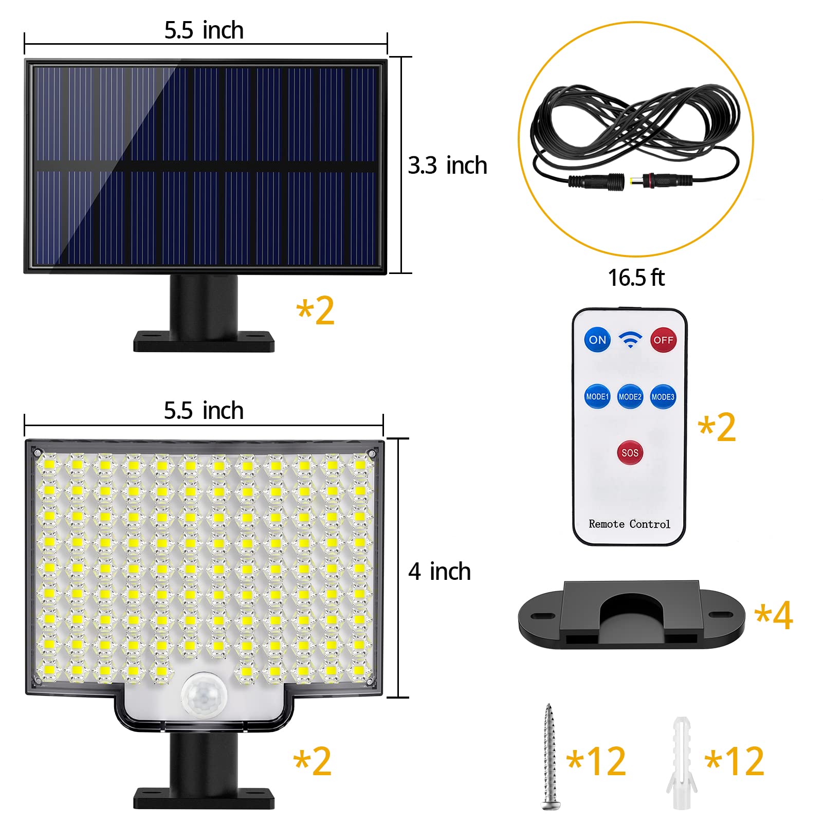Solar Lights Outdoor, 106 LED 3000LM Solar Powered Motion Sensor Flood Lights with Remote, Dusk to Dawn Led Solar Security Wall Lights with 16.5Ft Cable IP65 Waterproof for Outside, Garage, 2 Pack 