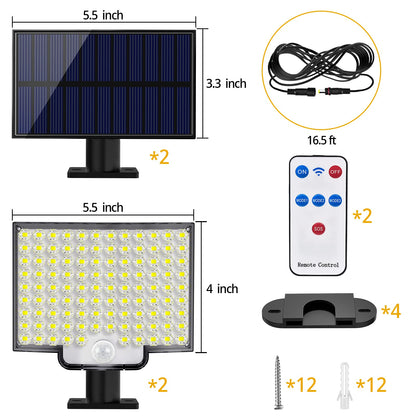 Solar Lights Outdoor, 106 LED 3000LM Solar Powered Motion Sensor Flood Lights with Remote, Dusk to Dawn Led Solar Security Wall Lights with 16.5Ft Cable IP65 Waterproof for Outside, Garage, 2 Pack 