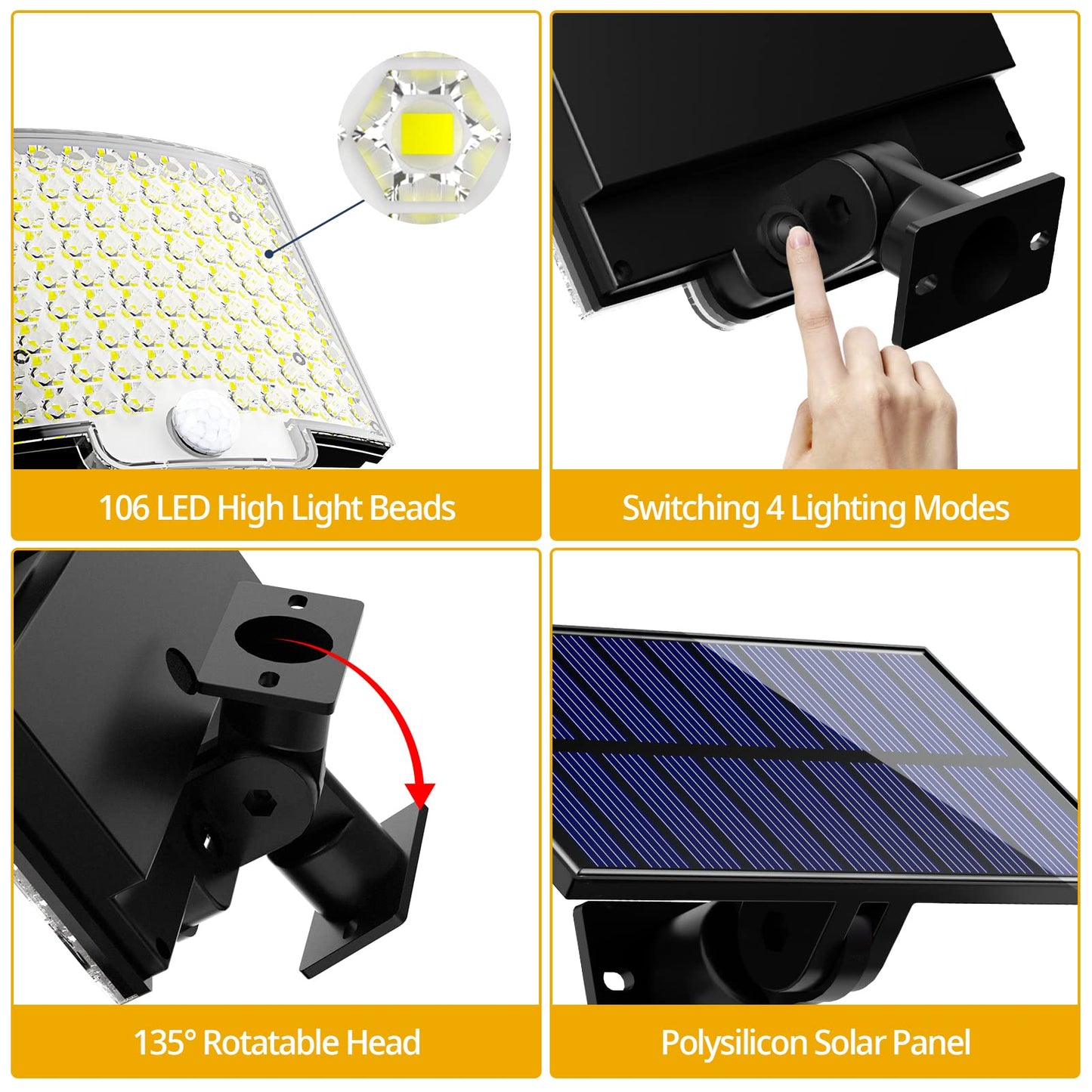 Solar Lights Outdoor, 106 LED 3000LM Solar Powered Motion Sensor Flood Lights with Remote, Dusk to Dawn Led Solar Security Wall Lights with 16.5Ft Cable IP65 Waterproof for Outside, Garage, 2 Pack 