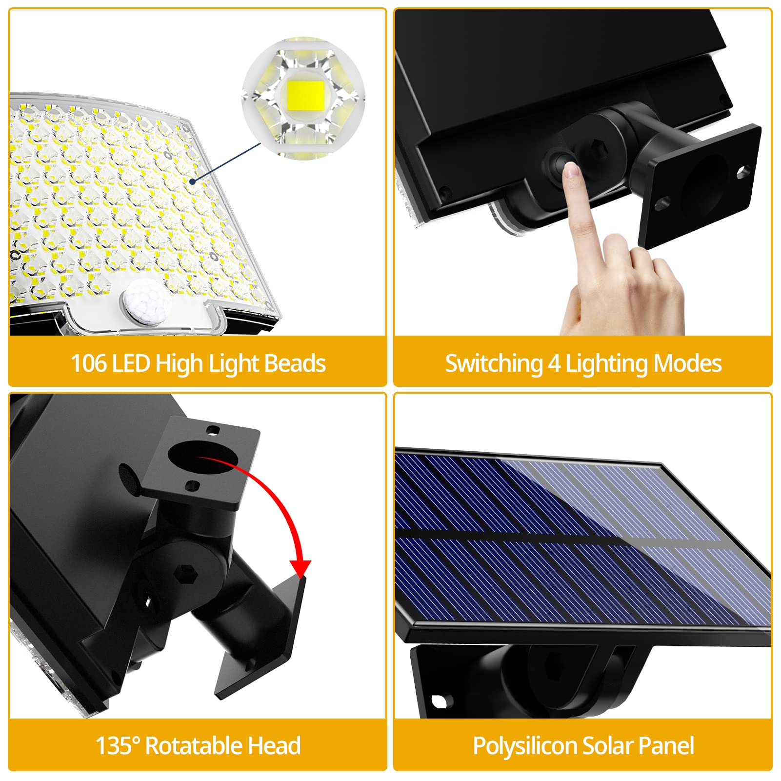 Solar Lights Outdoor, 106 LED 3000LM Solar Powered Motion Sensor Flood Lights with Remote, Dusk to Dawn Led Solar Security Wall Lights with 16.5Ft Cable IP65 Waterproof for Outside, Garage, 2 Pack 