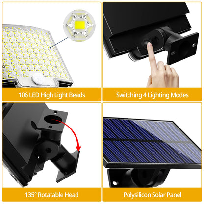 Solar Lights Outdoor, 106 LED 3000LM Solar Powered Motion Sensor Flood Lights with Remote, Dusk to Dawn Led Solar Security Wall Lights with 16.5Ft Cable IP65 Waterproof for Outside, Garage, 2 Pack 