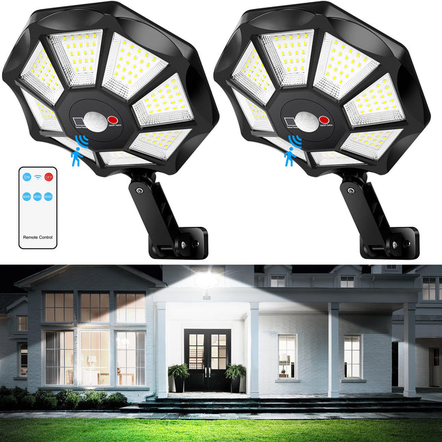 Solar Lights Outdoor Waterproof, 6500K 168 LED Flood Lights Outdoor Motion Sensor, Dusk to Dawn Solar Outdoor Lighting, Solar Powered Street Light with Remote for Outside Parking Lot Pool Yard, 2-Pack 