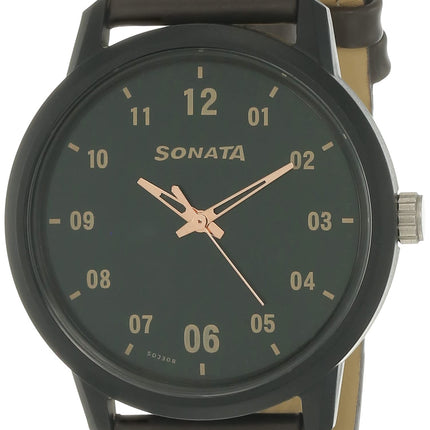 Sonata Men Leather Volt+ Analog Green Dial Watch Nm77085Pl02/Nn77085Pl02W/Np77085Pl02W, Band Color-Brown 