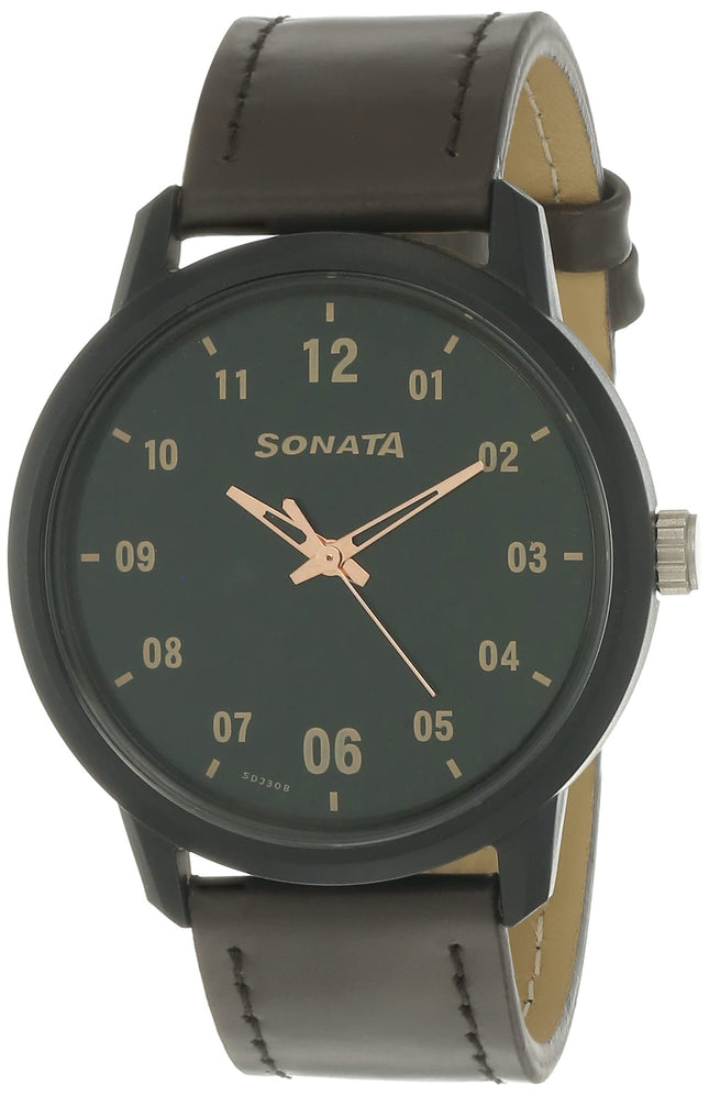 Sonata Men Leather Volt+ Analog Green Dial Watch Nm77085Pl02/Nn77085Pl02W/Np77085Pl02W, Band Color-Brown 