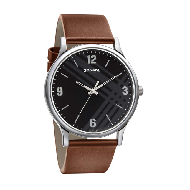 Sonata Smart Plaid Quartz Analog Black Dial Leather Strap Watch for Men-NS77105SL02W 