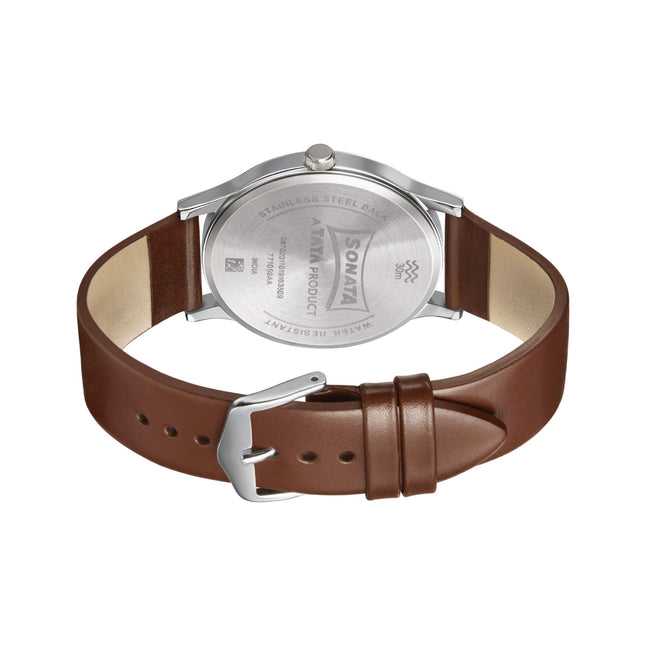 Sonata Smart Plaid Quartz Analog Black Dial Leather Strap Watch for Men-NS77105SL02W 