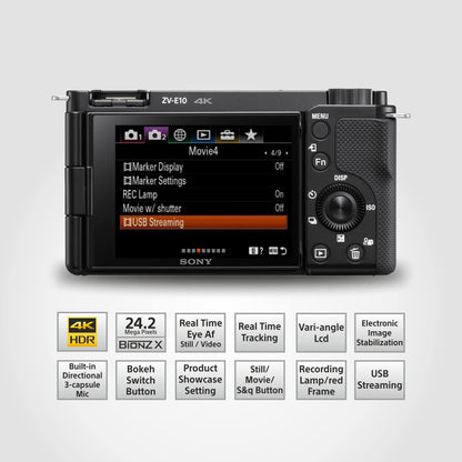 Sony Alpha ZV-E10 24.2 Mega Pixel Interchangeable-Lens Mirrorless vlog Camera, Made for Creators | APS-C Sensor |Advanced Autofocus | Clear Audio & 4K Movie Recording (Body Only) – Black 