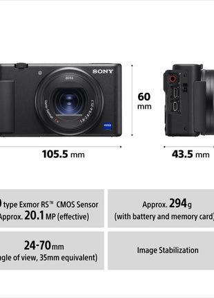 Sony Digital Camera ZV 1 for Content Creators (Compact, Video Eye AF, Flip Screen, in-Built Microphone, Bluetooth Shooting Grip, 4K Vlogging Camera for Content Creation) - Black 