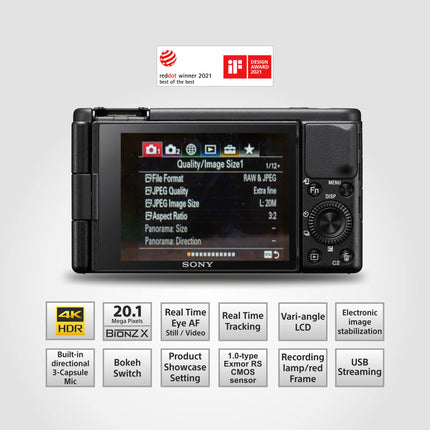 Sony Digital Camera ZV 1 for Content Creators (Compact, Video Eye AF, Flip Screen, in-Built Microphone, Bluetooth Shooting Grip, 4K Vlogging Camera for Content Creation) - Black 