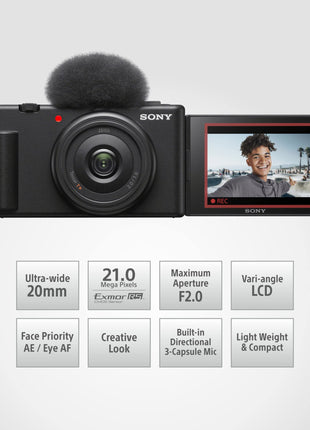 Sony Digital Camera ZV-1F for Content Creators with Ultra-Wide 20mm Prime Lens | Soft Skin Feature | Bokeh | Creative Look | Active Mode Stabilisation -Black 