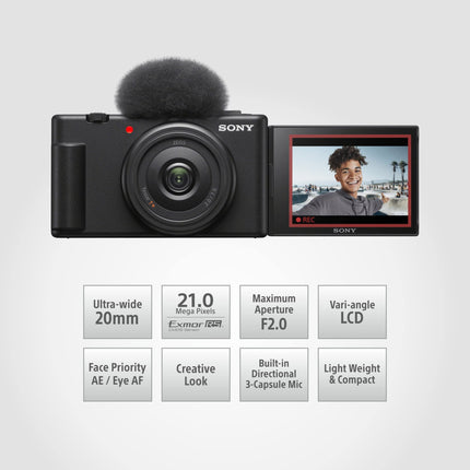 Sony Digital Camera ZV-1F for Content Creators with Ultra-Wide 20mm Prime Lens | Soft Skin Feature | Bokeh | Creative Look | Active Mode Stabilisation -Black 