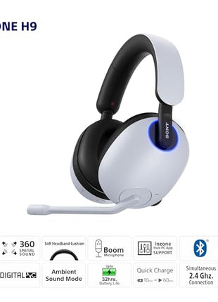 Sony INZONE H9, WH-G900N Wireless Noise Cancelling Gaming Headset, Over-Ear Headphones with 360 Spatial Sound, 32 Hours Battery Life, flip to Mute mic, Mobile, Laptop, PS5 & PC Compatible (White) 