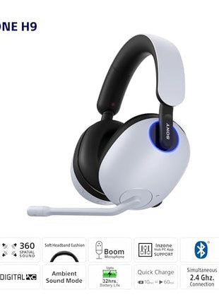 Sony INZONE H9, WH-G900N Wireless Noise Cancelling Gaming Headset, Over-Ear Headphones with 360 Spatial Sound, 32 Hours Battery Life, flip to Mute mic, Mobile, Laptop, PS5 & PC Compatible (White) 