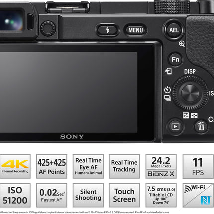 Sony New Alpha ILCE-6100K (Previously ILCE-6100L) with Upgraded SELP1650 (Ver 2) Power Zoom Lens | 24.2 MP | APS-C Sensor | Fast Auto Focus | 4K Vlogging Camera | Tiltable LCD – Black 