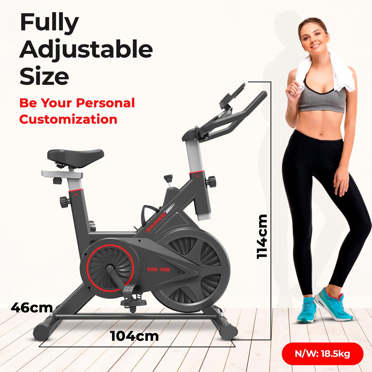 Sparnod Fitness SSB-09B Spin Bike for Home Workout with Belt Drive, 9KG Flywheel, Adjustable Seat & Handlebar, Friction Resistance, LCD Display, Tablet Holder, Max User Weight 110KG (Black) 