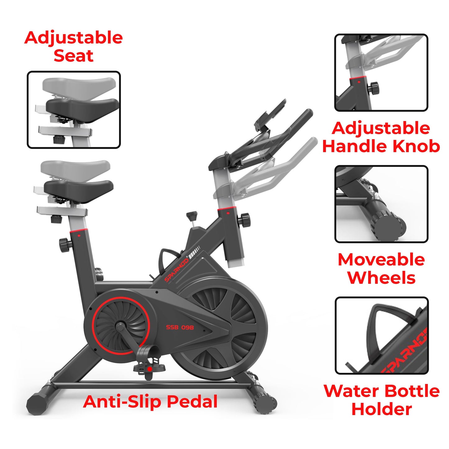 Sparnod Fitness SSB-09B Spin Bike for Home Workout with Belt Drive, 9KG Flywheel, Adjustable Seat & Handlebar, Friction Resistance, LCD Display, Tablet Holder, Max User Weight 110KG (Black) 