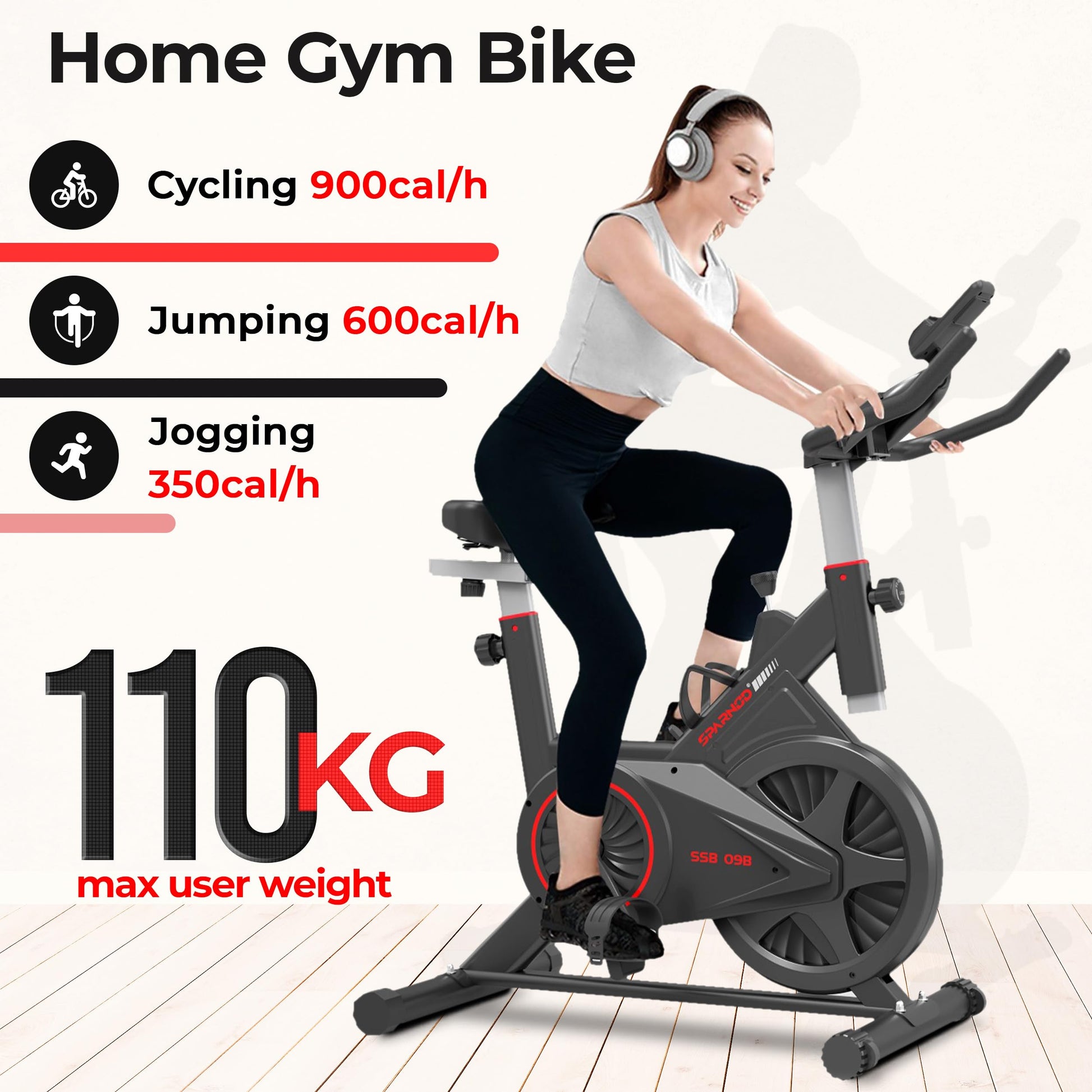 Sparnod Fitness SSB-09B Spin Bike for Home Workout with Belt Drive, 9KG Flywheel, Adjustable Seat & Handlebar, Friction Resistance, LCD Display, Tablet Holder, Max User Weight 110KG (Black) 