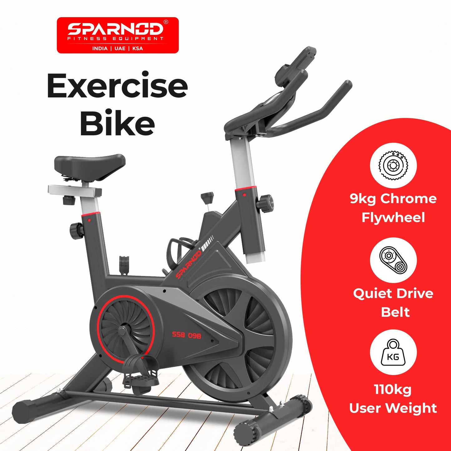 Sparnod Fitness SSB-09B Spin Bike for Home Workout with Belt Drive, 9KG Flywheel, Adjustable Seat & Handlebar, Friction Resistance, LCD Display, Tablet Holder, Max User Weight 110KG (Black) 
